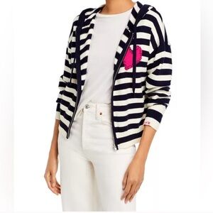 AQUA x Kerri Rosenthal Navy & Cream Striped Pink Heart Patch Zip Sweater Size S